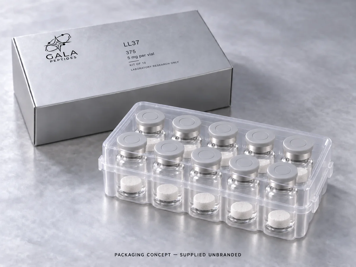 LL37 5 mg per vial, 375, Gala kit packaging concept with 10 unbranded vials; actual parcel supplied unbranded