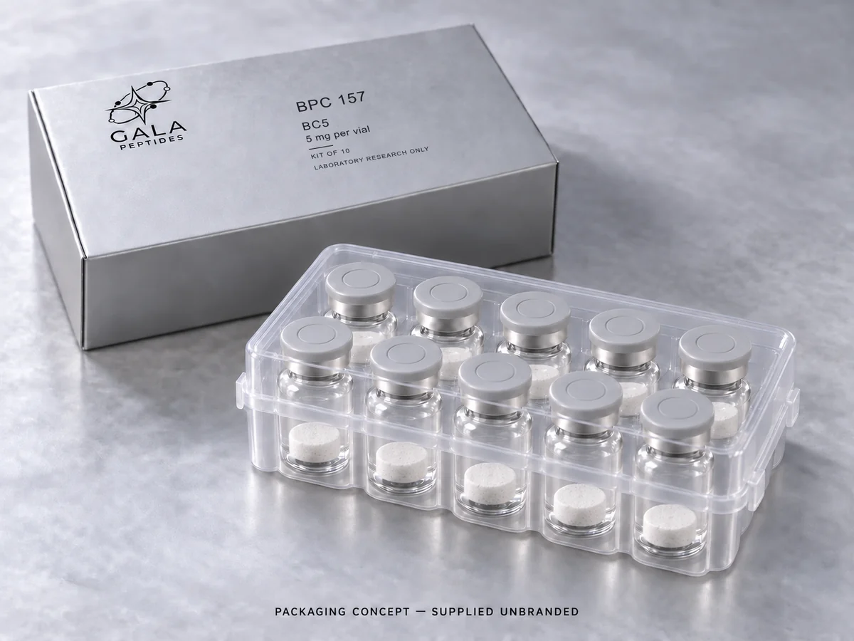 BPC 157 5 mg per vial, BC5, Gala kit packaging concept with 10 unbranded vials; actual parcel supplied unbranded