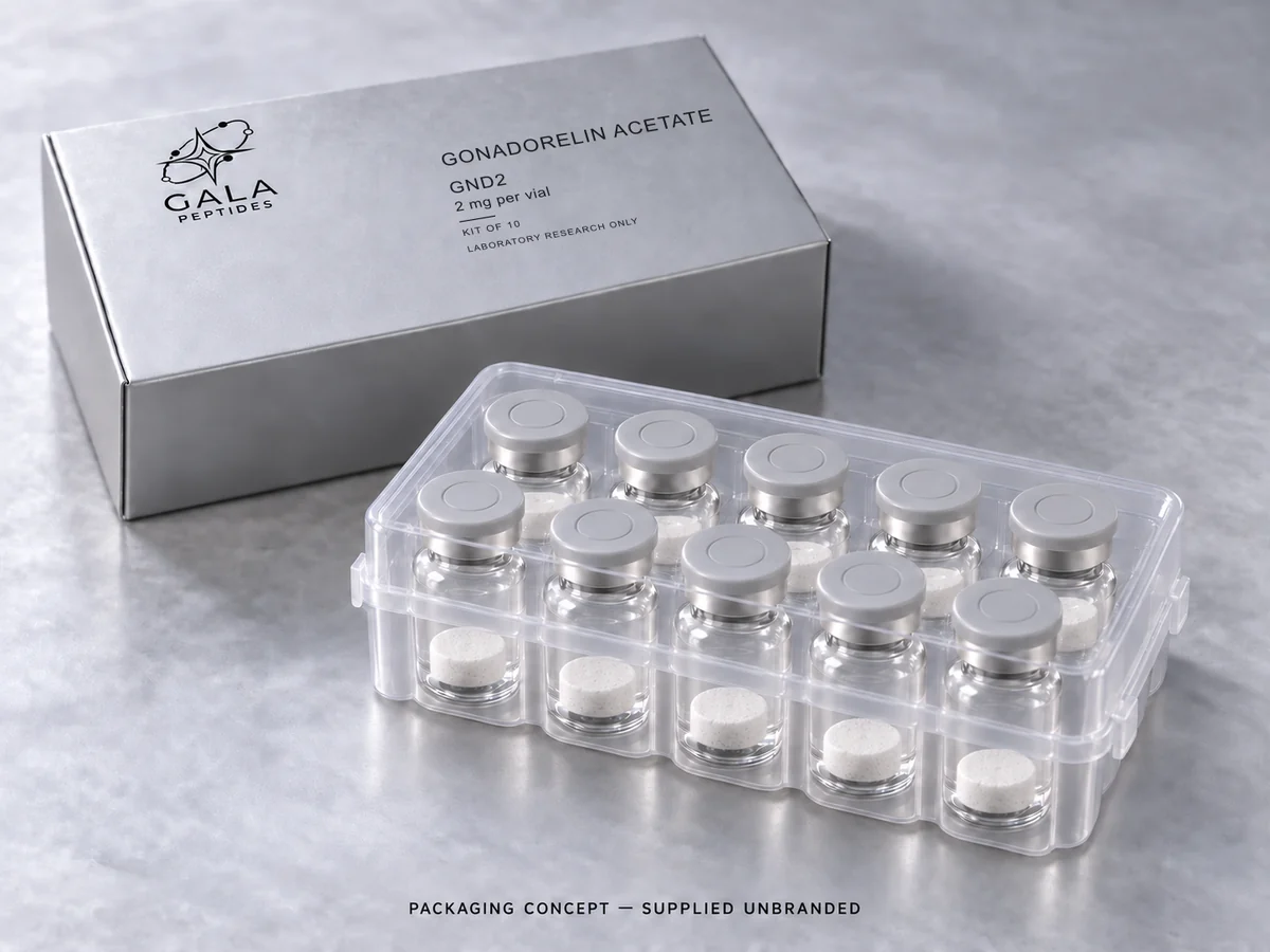 Gonadorelin Acetate 2 mg per vial, GND2, Gala kit packaging concept with 10 unbranded vials; actual parcel supplied unbranded