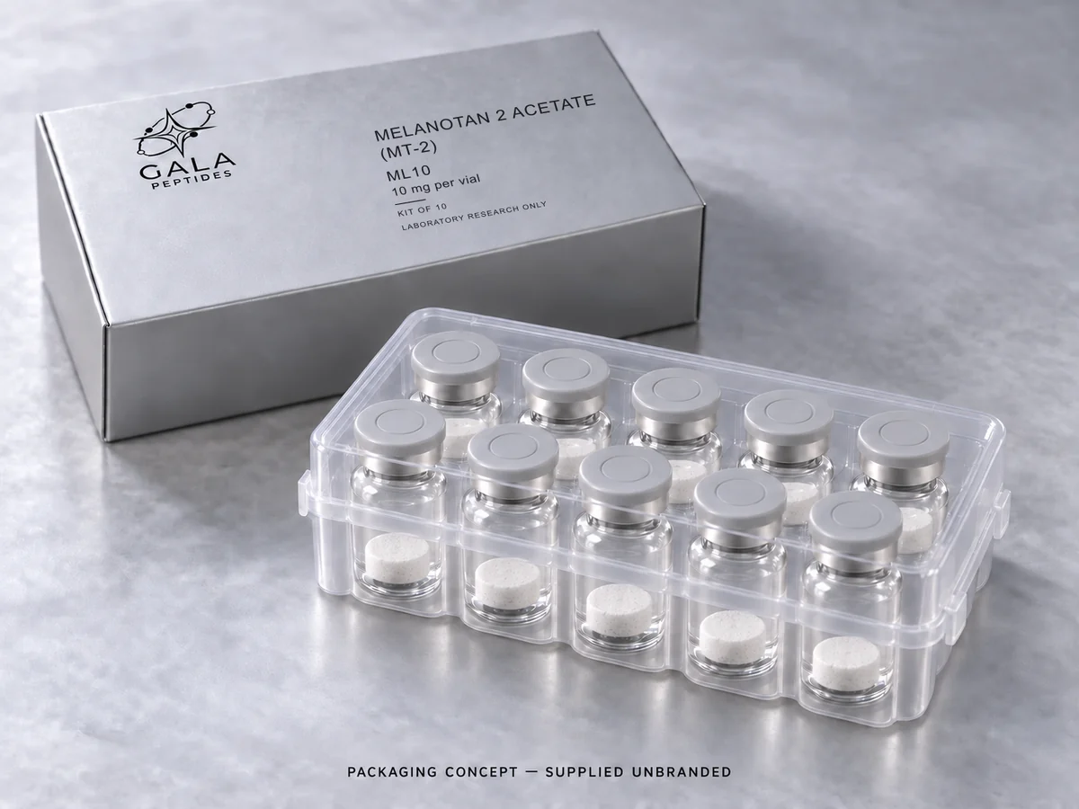 Melanotan 2 Acetate (MT-2) 10 mg per vial, ML10, Gala kit packaging concept with 10 unbranded vials; actual parcel supplied unbranded