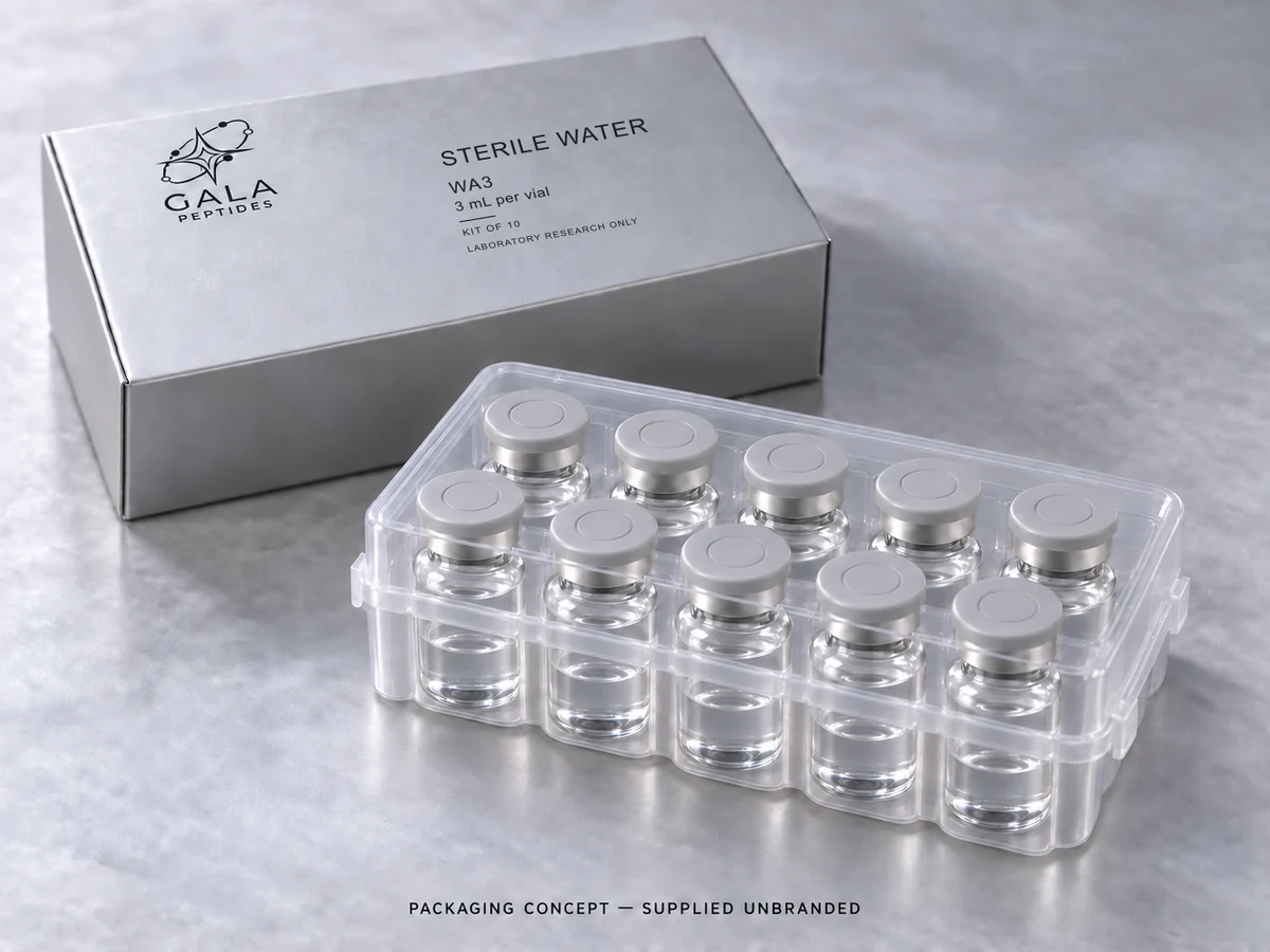 Sterile water 3 mL per vial, WA3, Gala kit packaging concept with 10 unbranded vials; actual parcel supplied unbranded